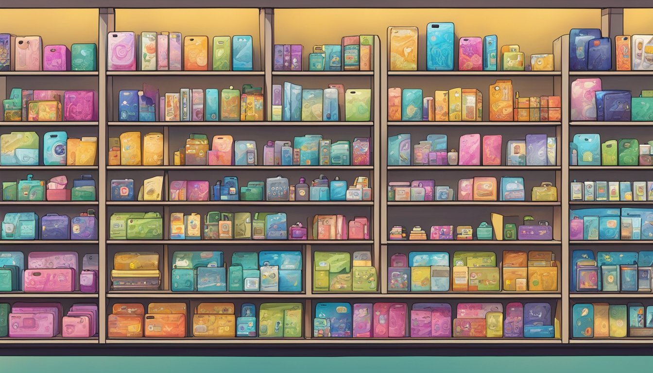 An array of popular iphone case brands displayed on shelves with a "Frequently Asked Questions" sign overhead
