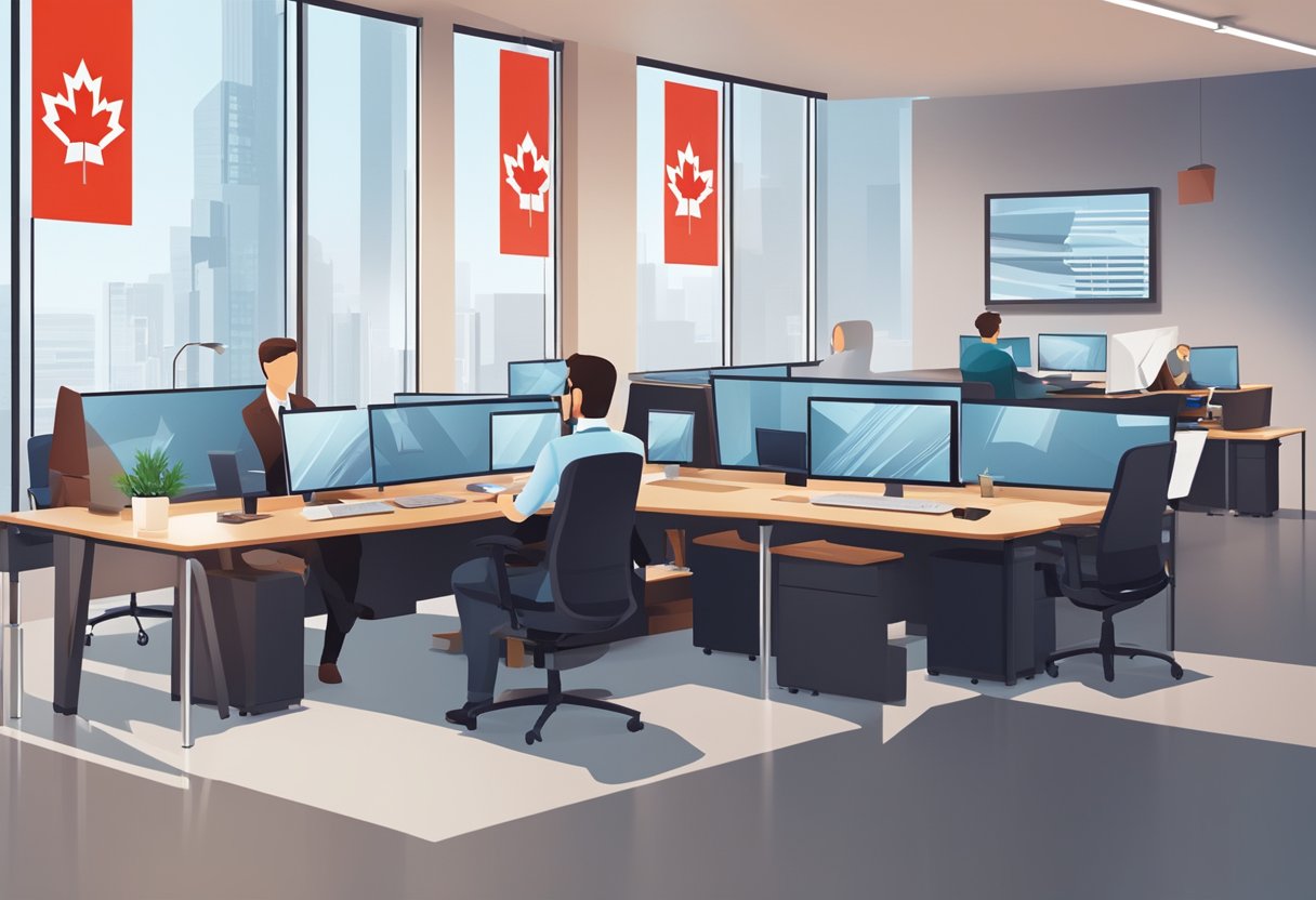 A modern office setting with computers and people working, Canadian flags and maple leaf decor, EFT transaction graphics on screens