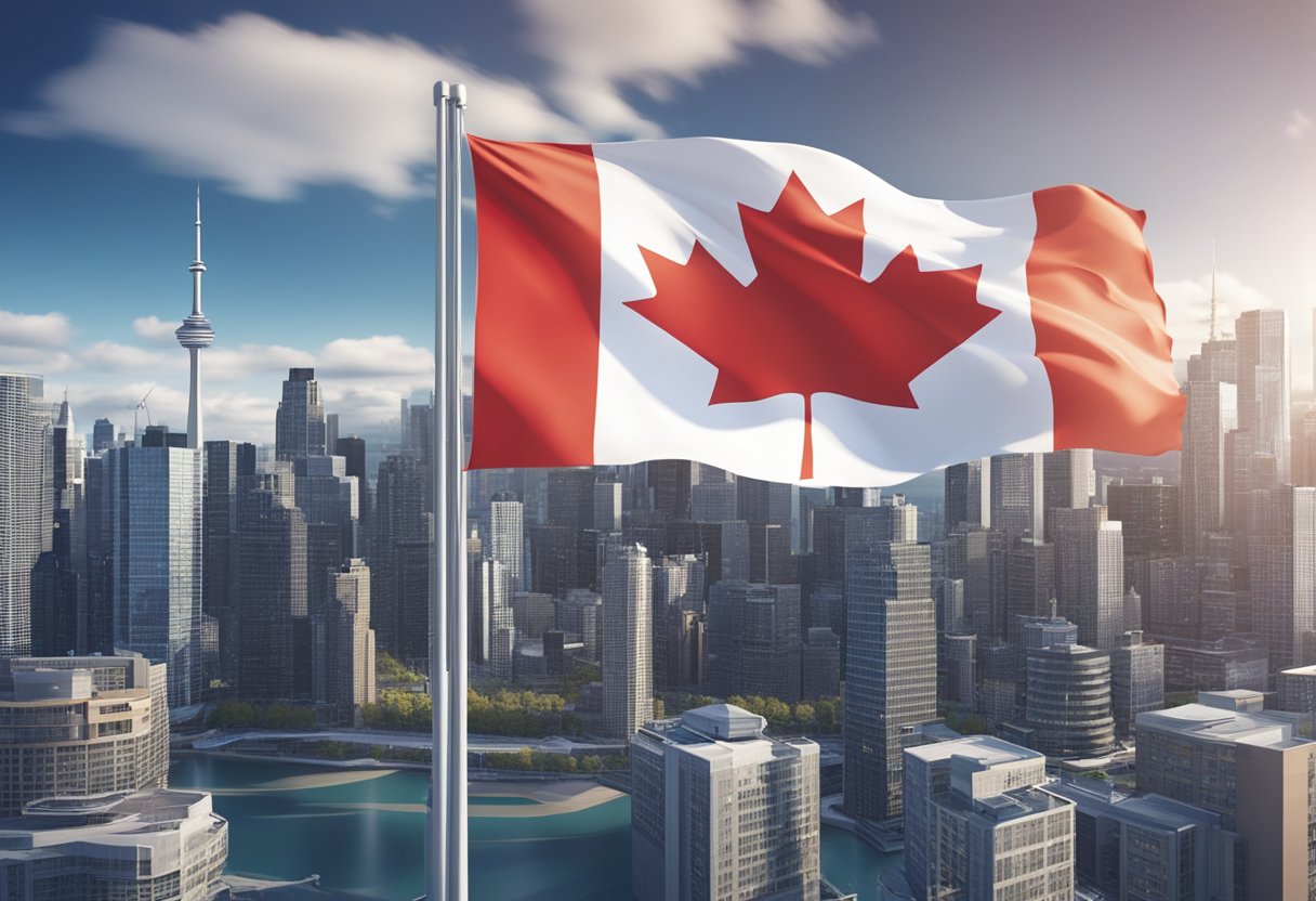 A Canadian flag waving in the wind with a backdrop of a modern city skyline, representing the efficient and secure EFT processing providers in Canada