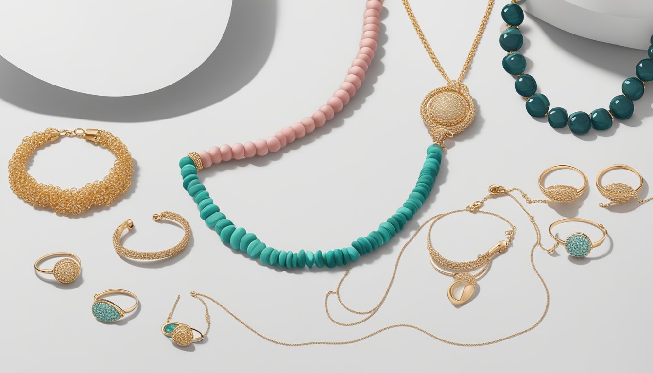 A display of affordable necklaces and bracelets from Singaporean jewellery brands, arranged on a minimalist white backdrop