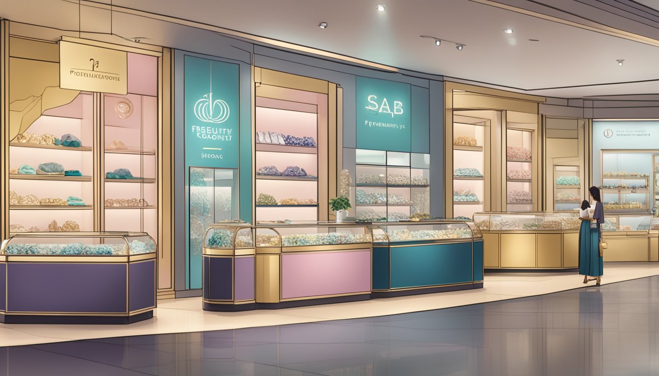 A display of trendy, affordable jewellery brands in Singapore, with a sign reading "Frequently Asked Questions" prominently featured