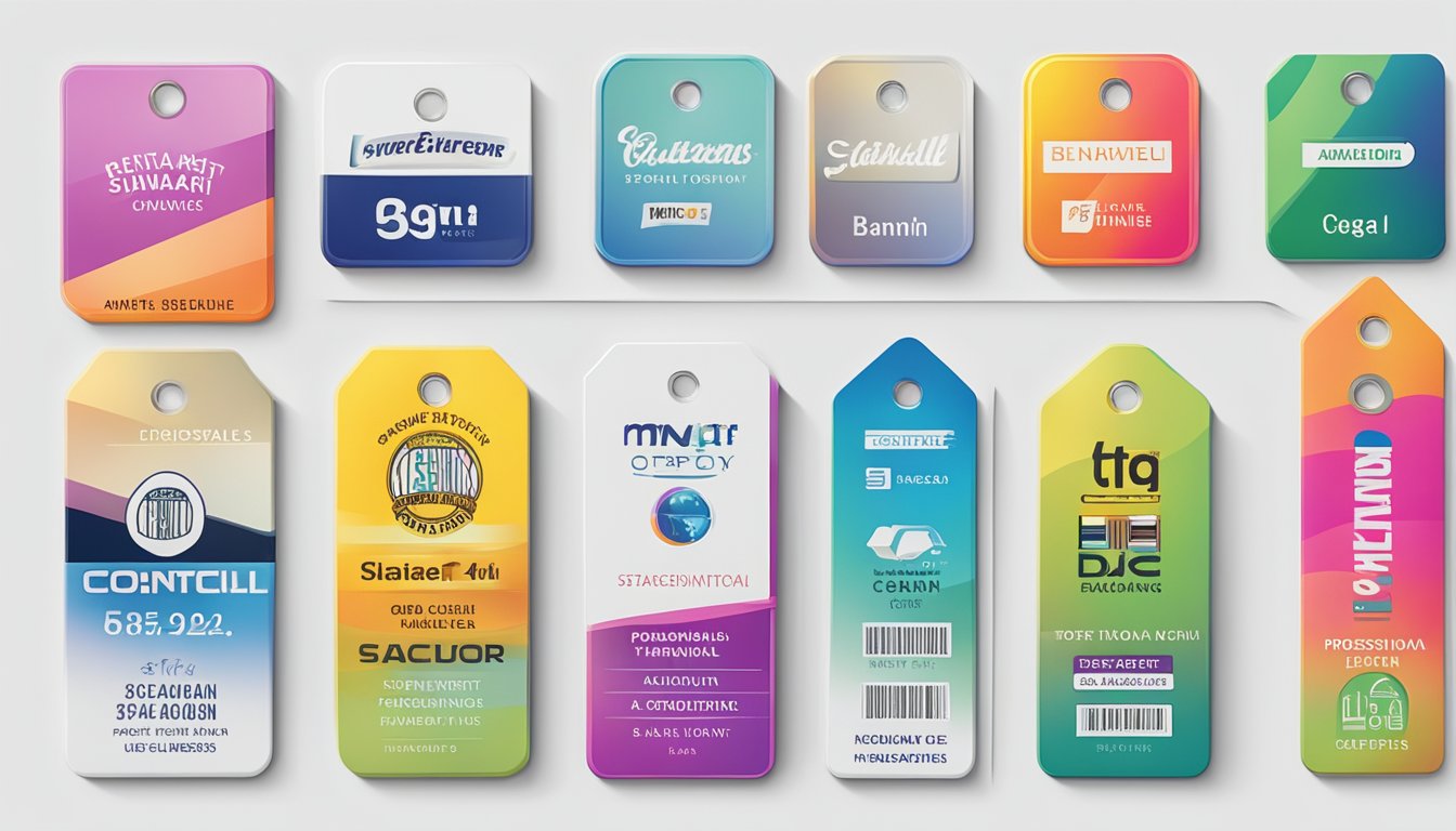 A stack of colorful apparel brand name tags arranged on a clean white background