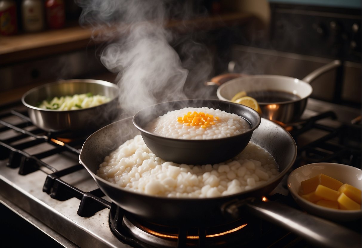 A steaming pot of sweet congee bubbles on a stove. Ingredients like rice, sugar, and ginger sit nearby, ready to be added
