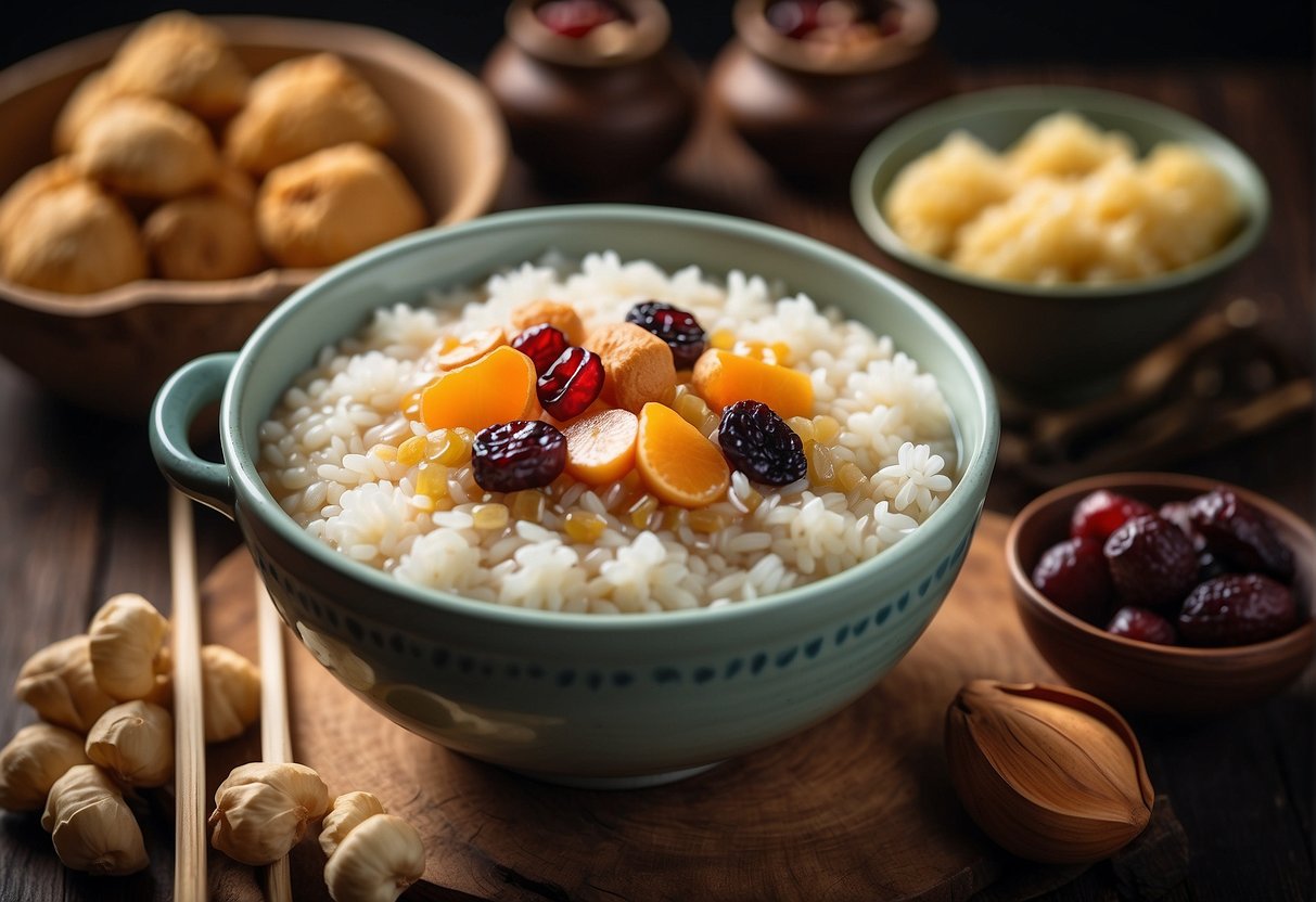 A pot of simmering sweet congee with rice, rock sugar, and dried fruit. Surrounding ingredients like ginger, red dates, and lotus seeds