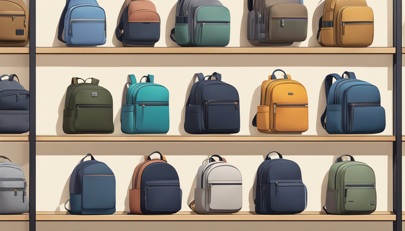 A display of Japanese backpack brands on a clean, minimalist shelf with sleek designs and subtle branding