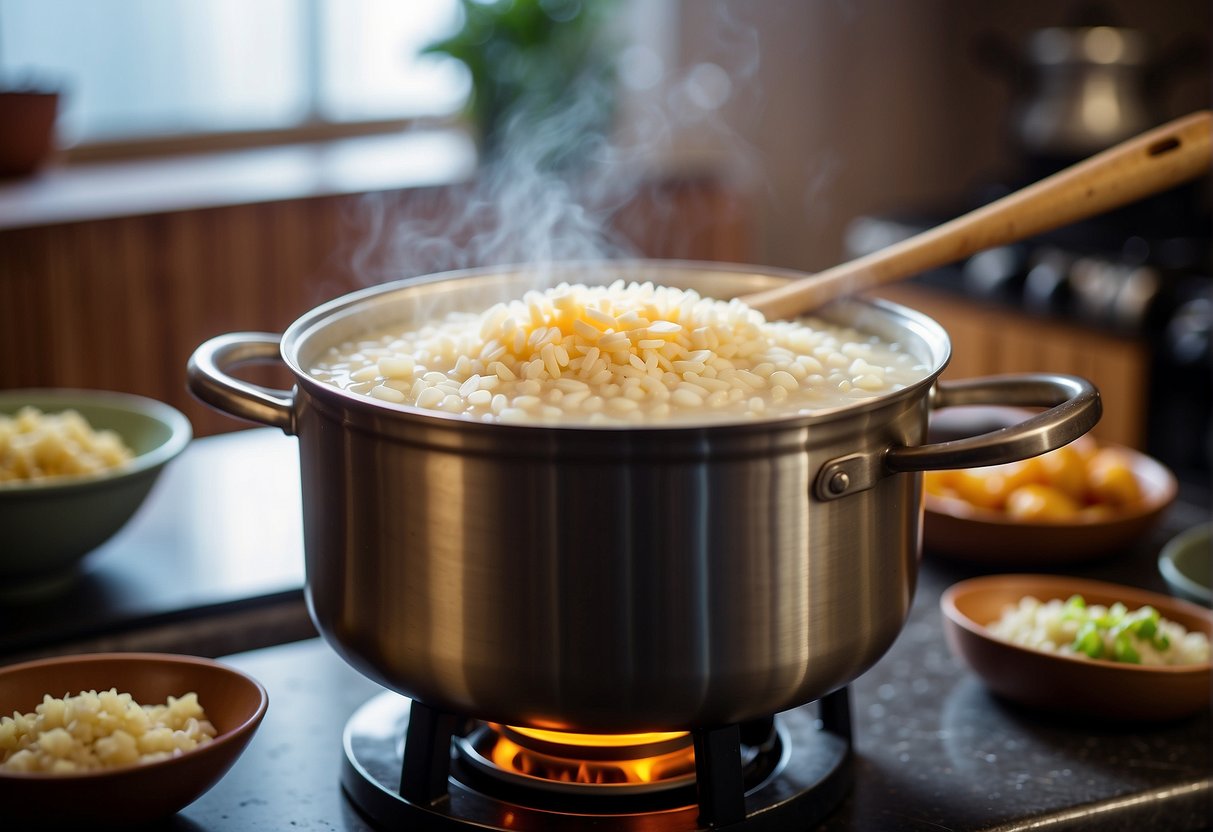 A pot simmers on a stove, filled with creamy sweet congee. Steam rises as a wooden spoon stirs in ginger and rice