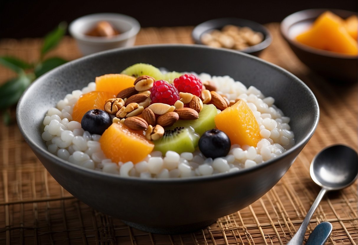 A steaming bowl of sweet congee topped with sliced fruits and nuts, next to a pair of chopsticks and a spoon on a bamboo placemat