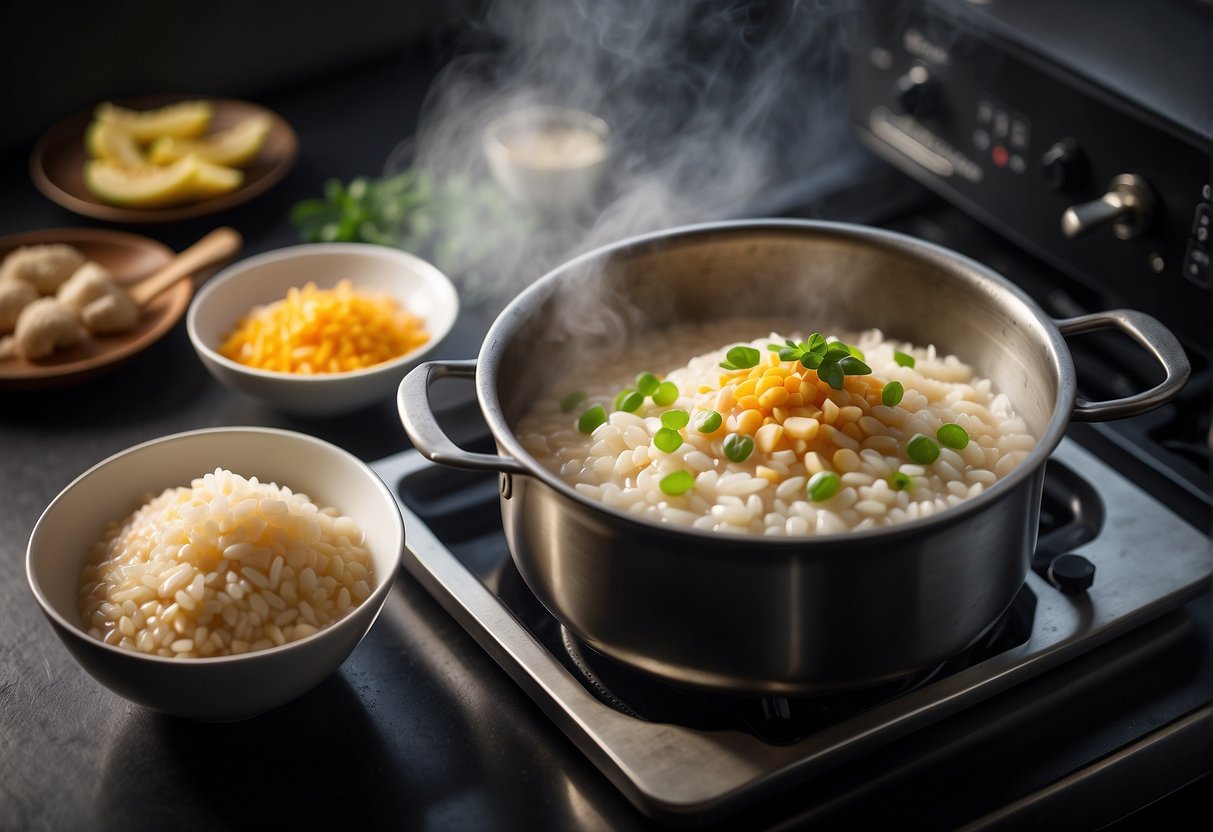 A pot of Chinese sweet congee sits on a stovetop, steam rising. A microwave hums in the background. Ingredients like ginger and rice are laid out on the counter