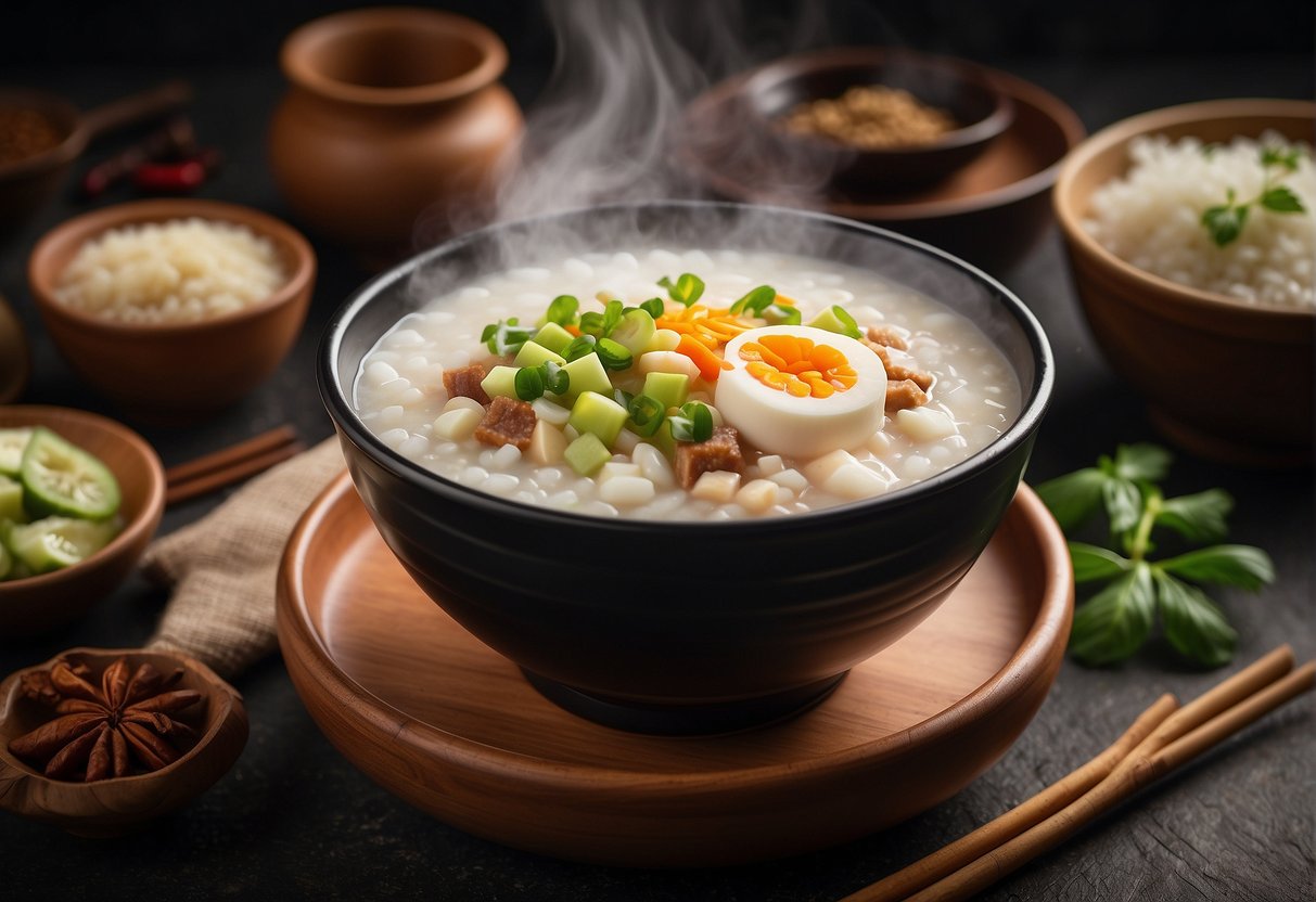 A steaming bowl of Chinese sweet congee with toppings, surrounded by ingredients and a recipe card