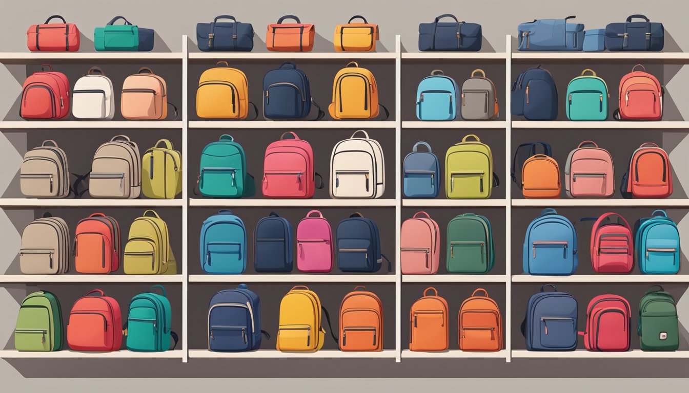A row of colorful Japanese backpacks displayed on shelves in a modern, minimalist store. The logo of each brand is prominently featured on the front of the backpacks