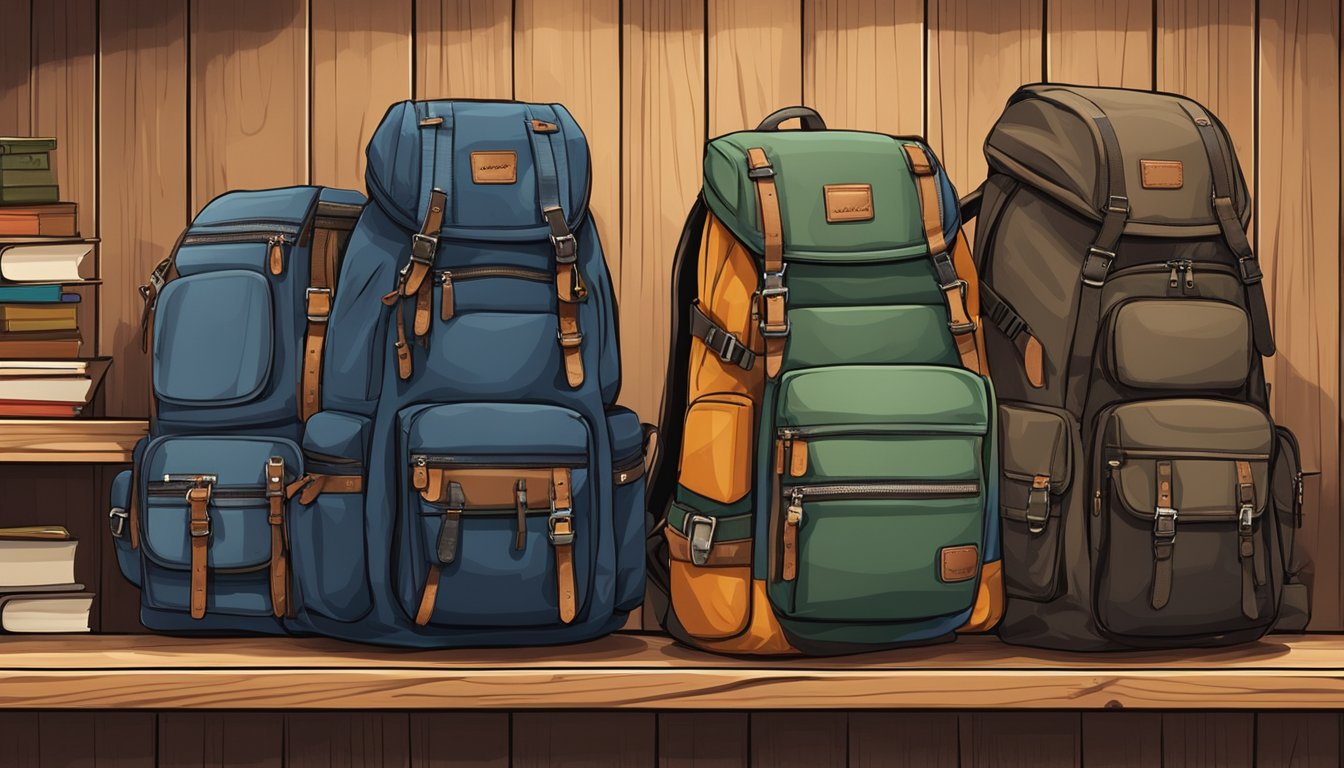 A row of rugged backpacks displayed on a wooden shelf, with various brands and designs for guys