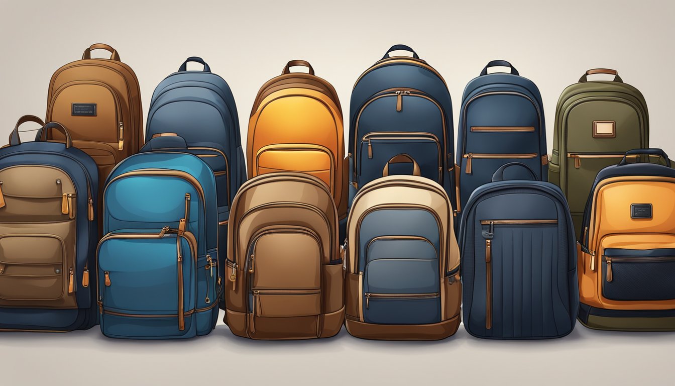 A row of stylish backpacks on display, showcasing various brands and designs for men. Bright lighting highlights the details and features of each bag