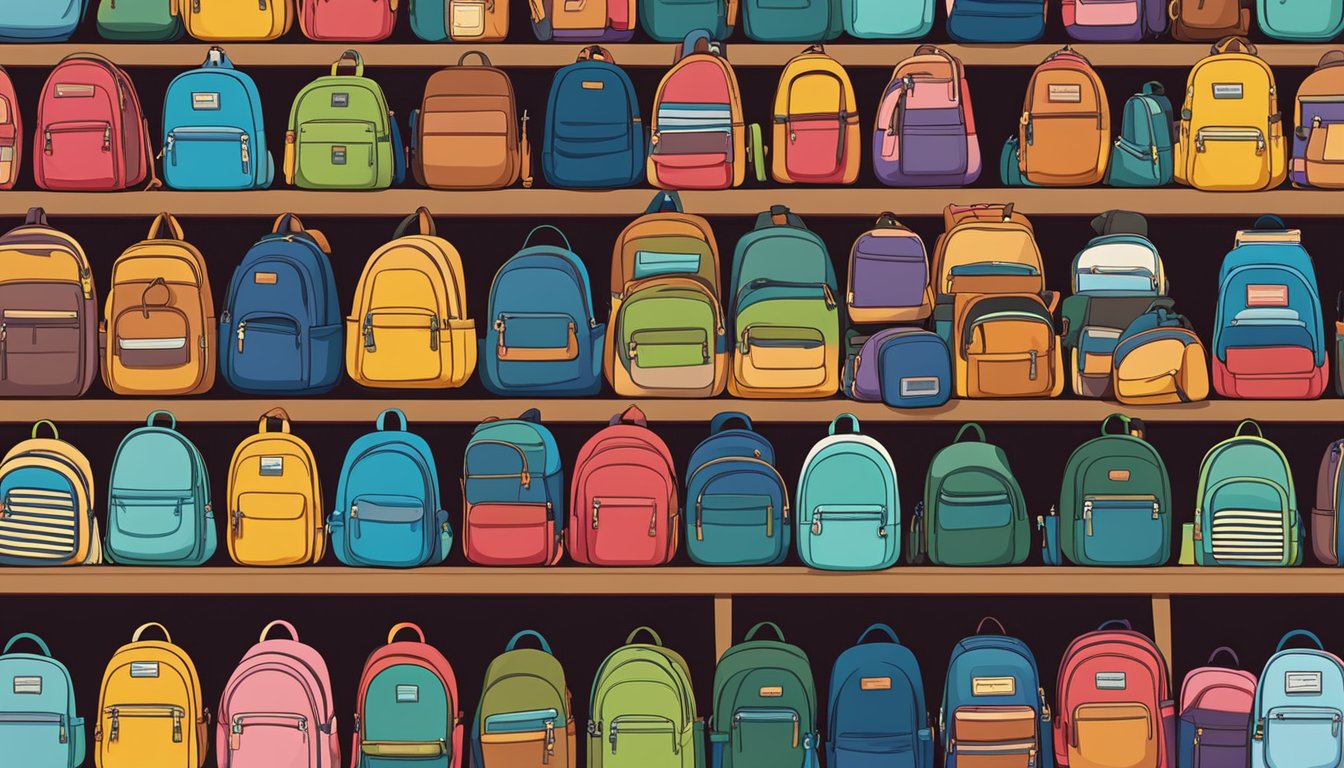 A stack of colorful Japanese backpacks arranged neatly on a display shelf, with a sign above reading "Frequently Asked Questions" in bold lettering
