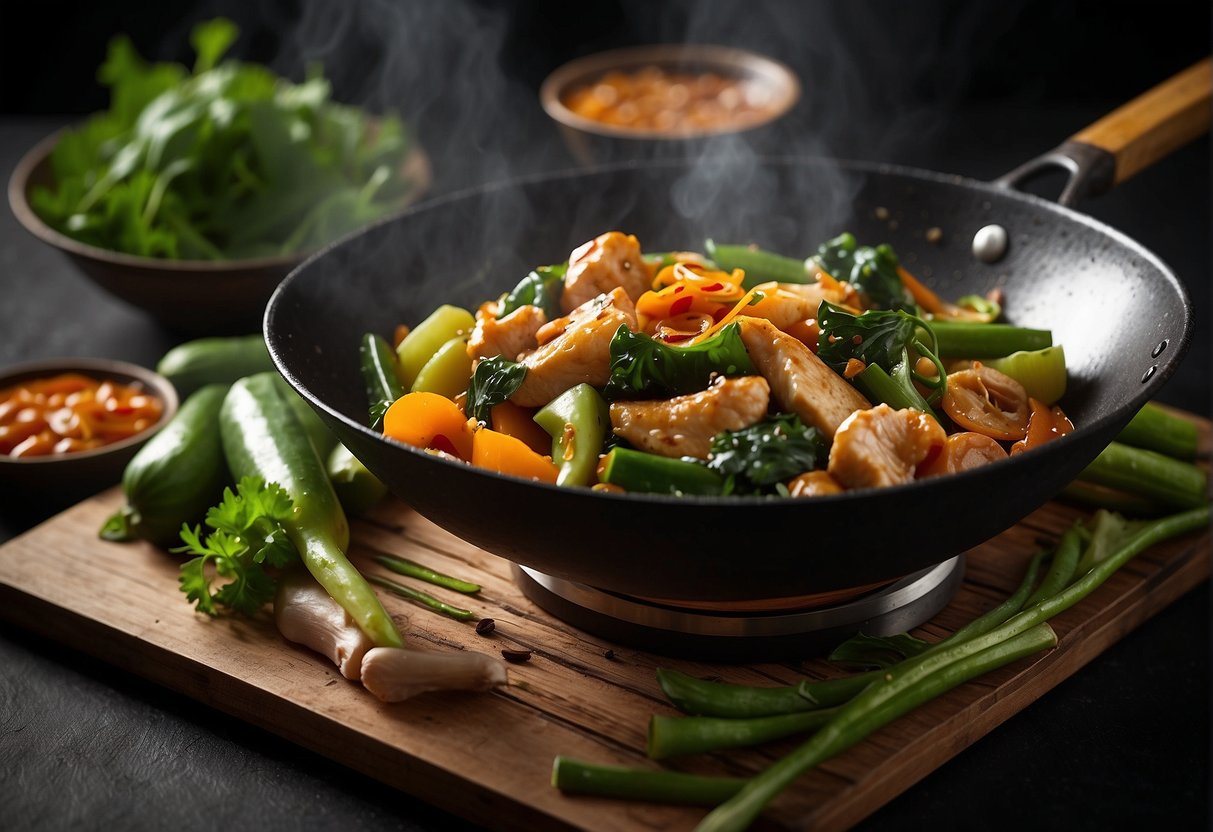 A wok sizzles as bitter gourd and chicken stir-fry in a fragrant Chinese sauce. Greens and spices surround the bubbling dish