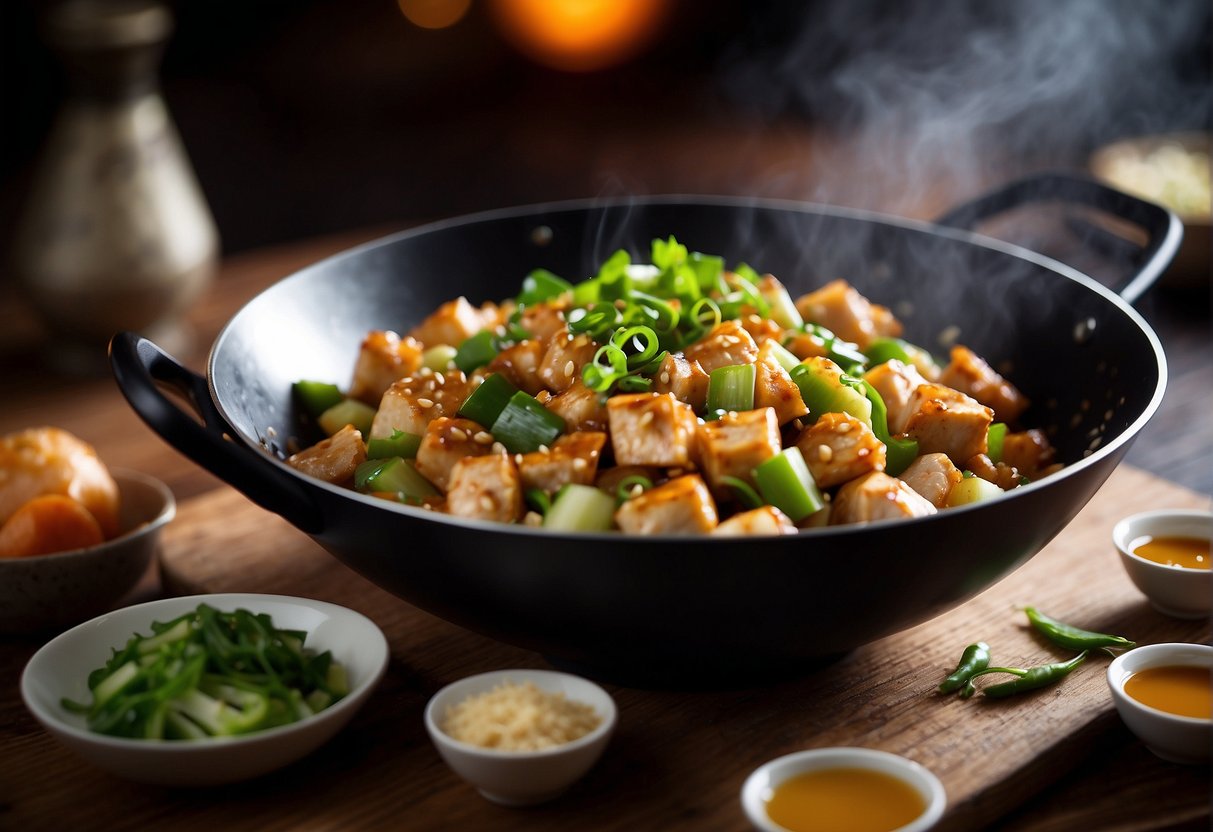 A wok sizzles with diced chicken and bitter gourd, surrounded by garlic, ginger, and soy sauce
