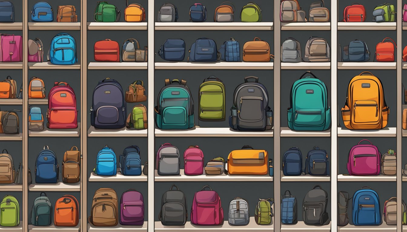 Various backpacks displayed on shelves, ranging from rugged outdoor brands to sleek urban styles. Bright lighting highlights the variety of colors and designs