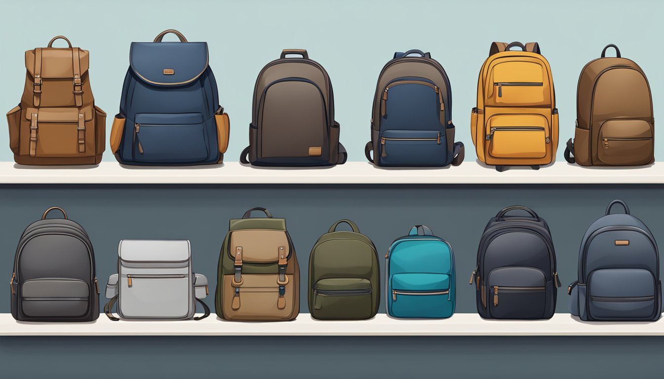 A row of stylish backpacks for men, labeled "Frequently Asked Questions backpack brands for guys," displayed on a clean, modern shelf