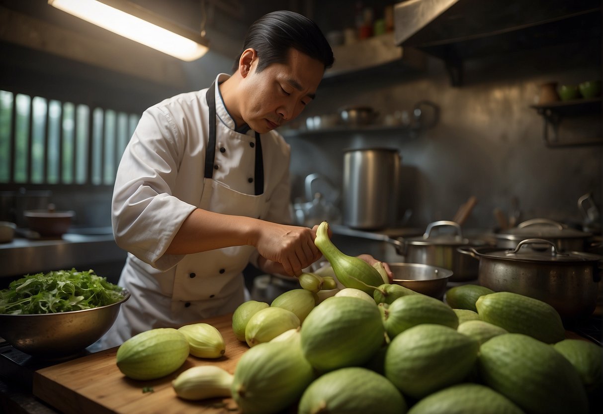 A chef prepares bitter gourd chicken in a traditional Chinese kitchen, surrounded by various ingredients and cooking utensils