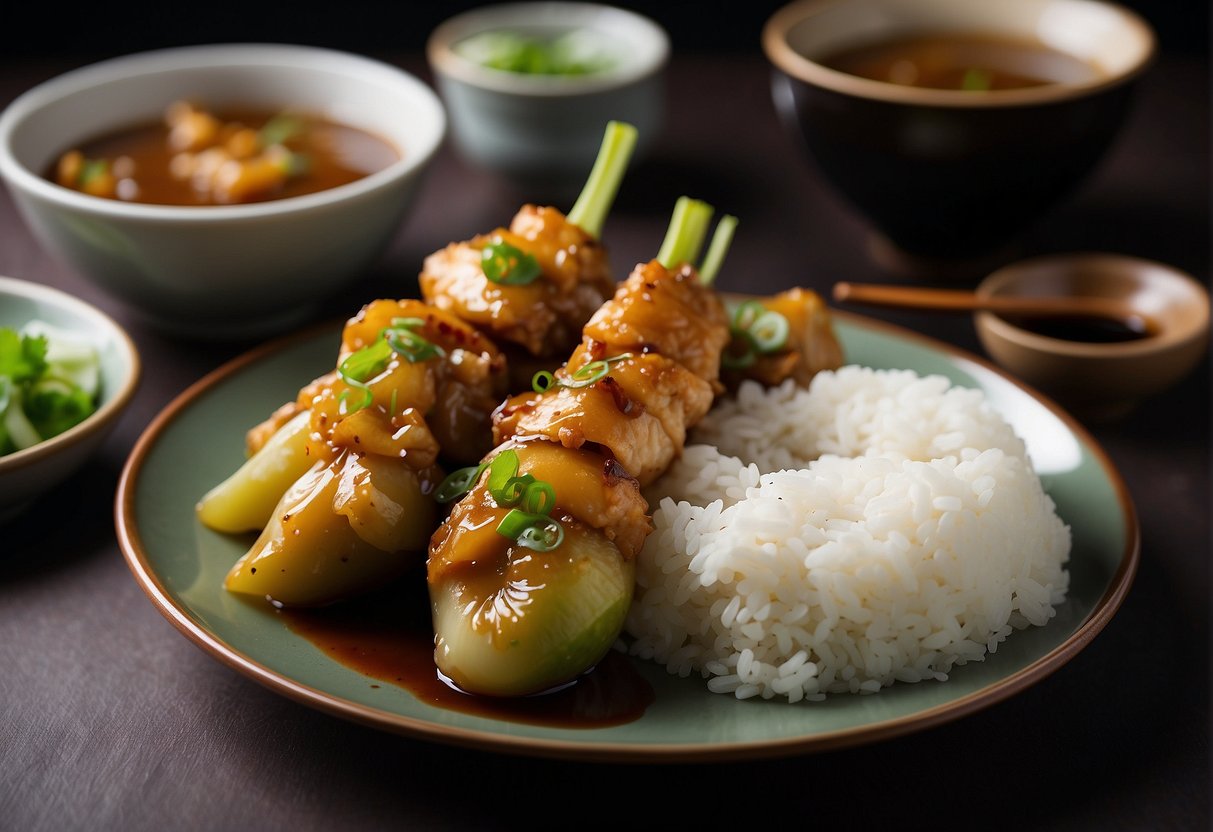 A plate of Chinese bitter gourd chicken, with a side of steamed rice and a small dish of soy sauce