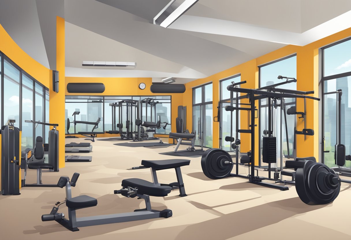A gym with three separate workout areas for men. Equipment and weights are neatly organized