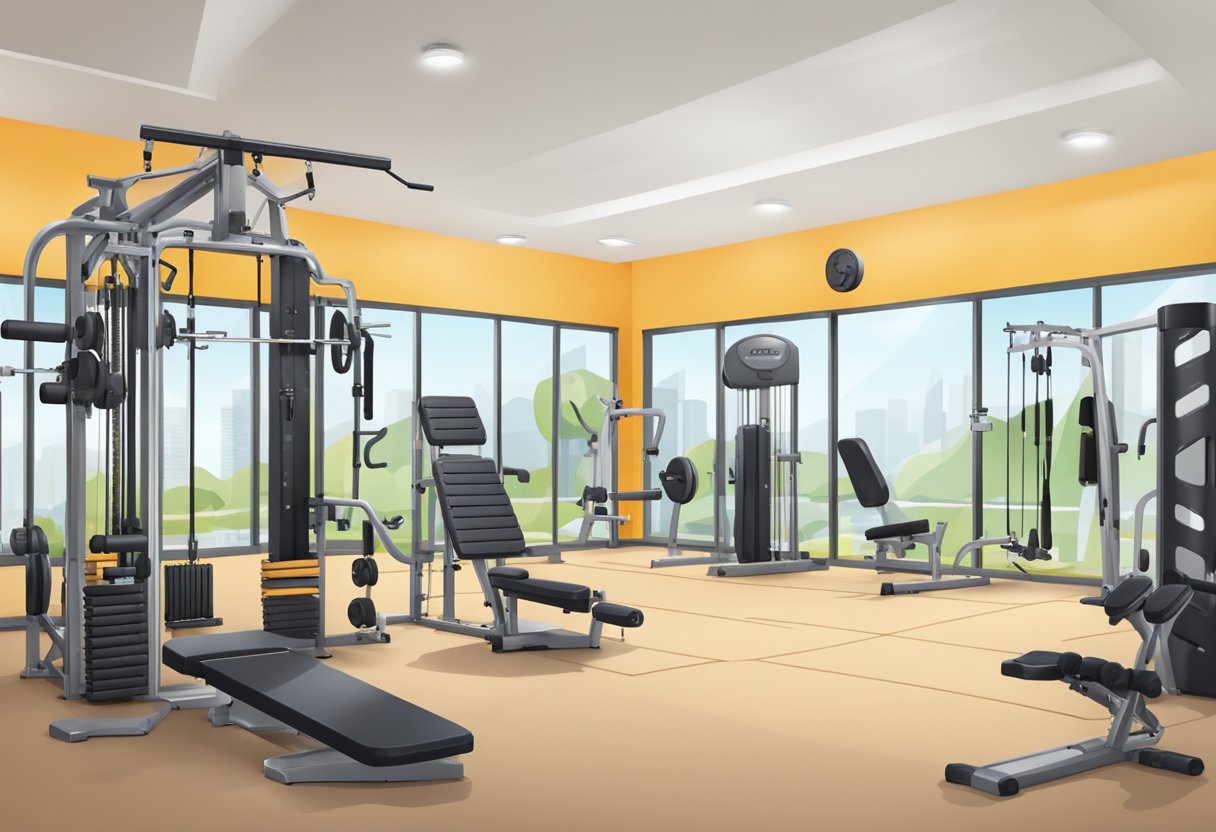A gym with three distinct workout areas for men, each equipped with various exercise machines and free weights