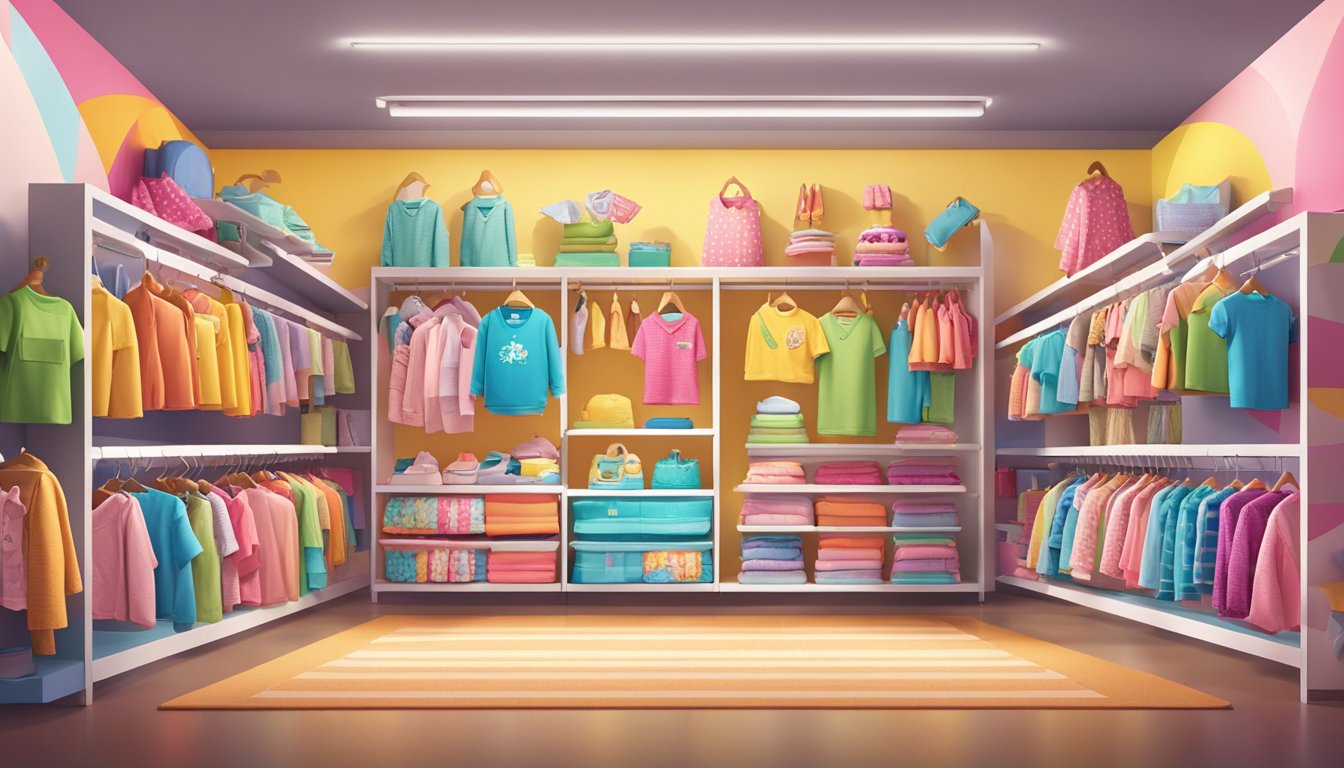 Colorful kid's clothing brands displayed on shelves with playful patterns and designs. Bright lights highlight the vibrant fabrics