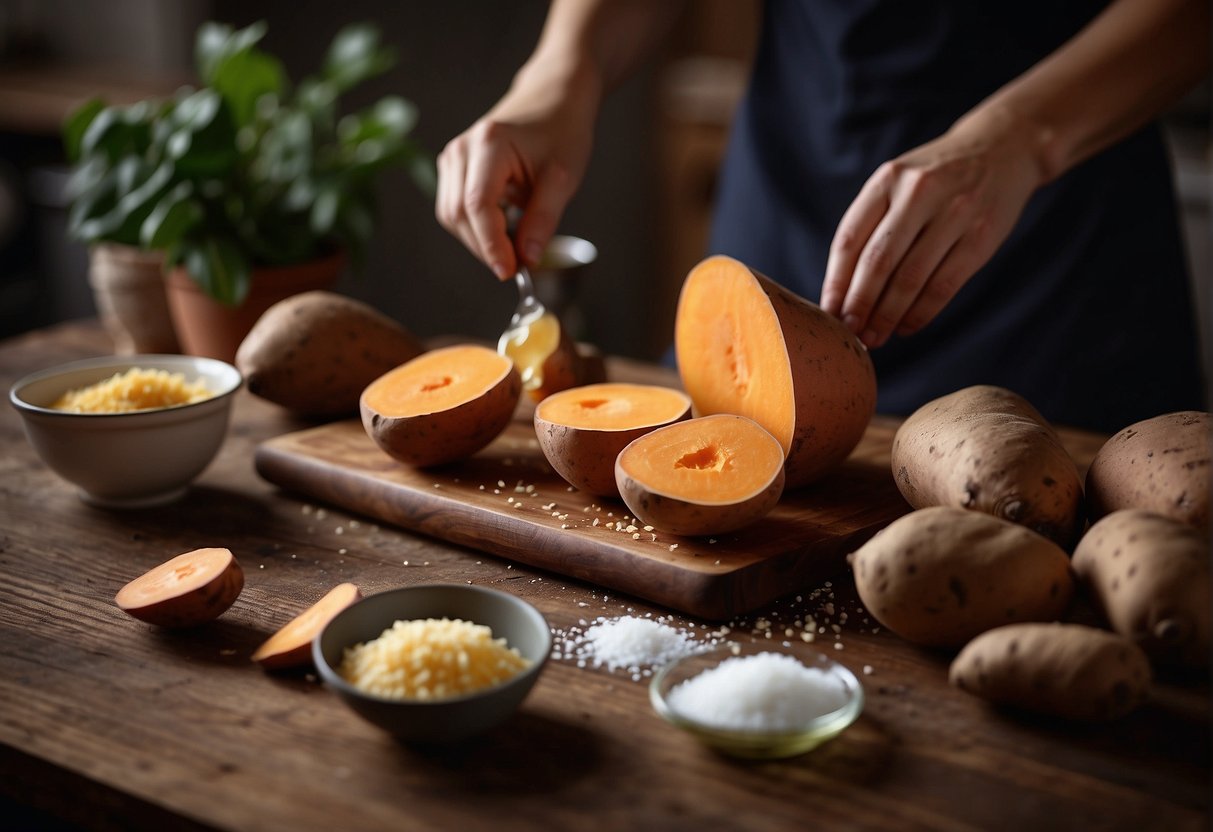 A table with ingredients: sweet potatoes, sugar, and oil. A pot boiling water. A person peeling and slicing sweet potatoes