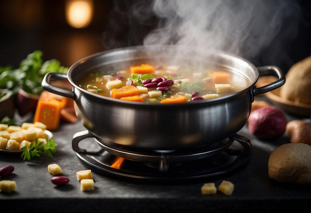 A steaming pot of Chinese sweet soup simmers on a stove, filled with colorful ingredients like red beans, lotus seeds, and sweet potatoes