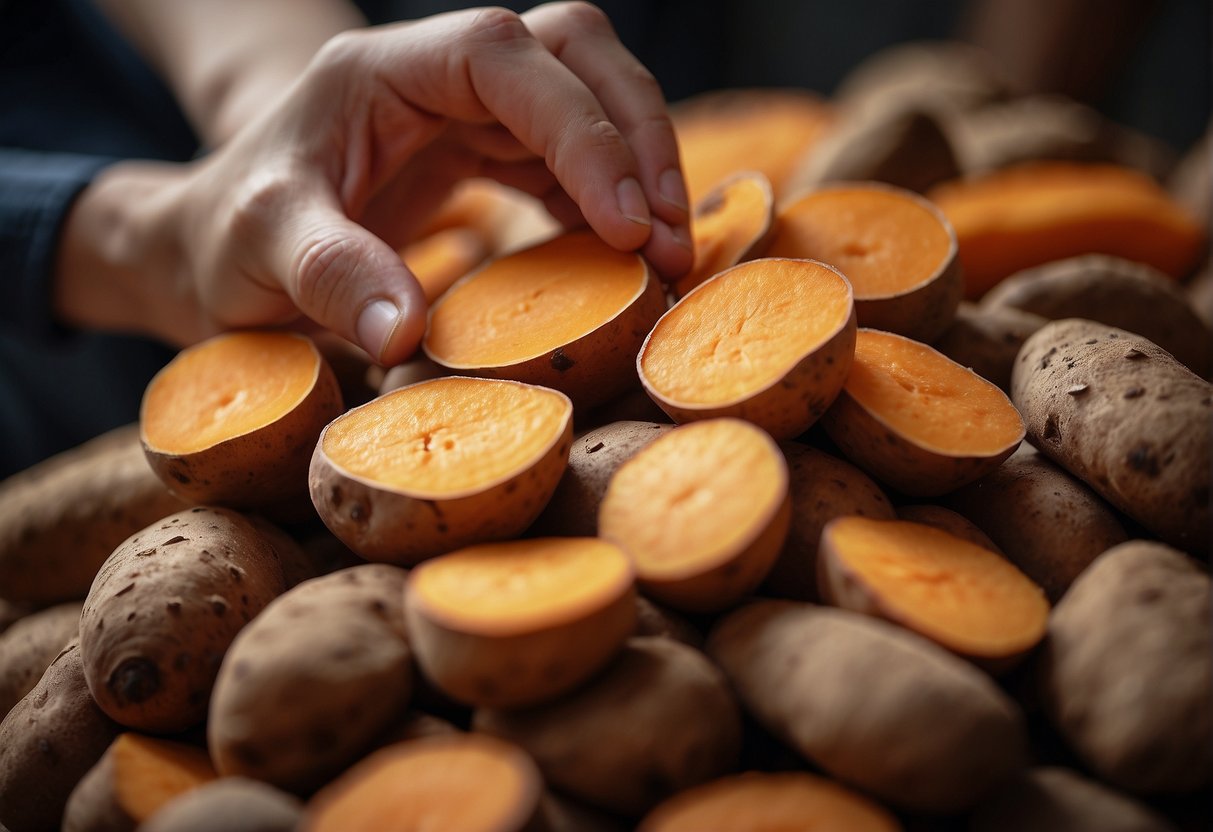 A hand reaches for the best sweet potatoes in a pile, ready for a Chinese sweet potato recipe