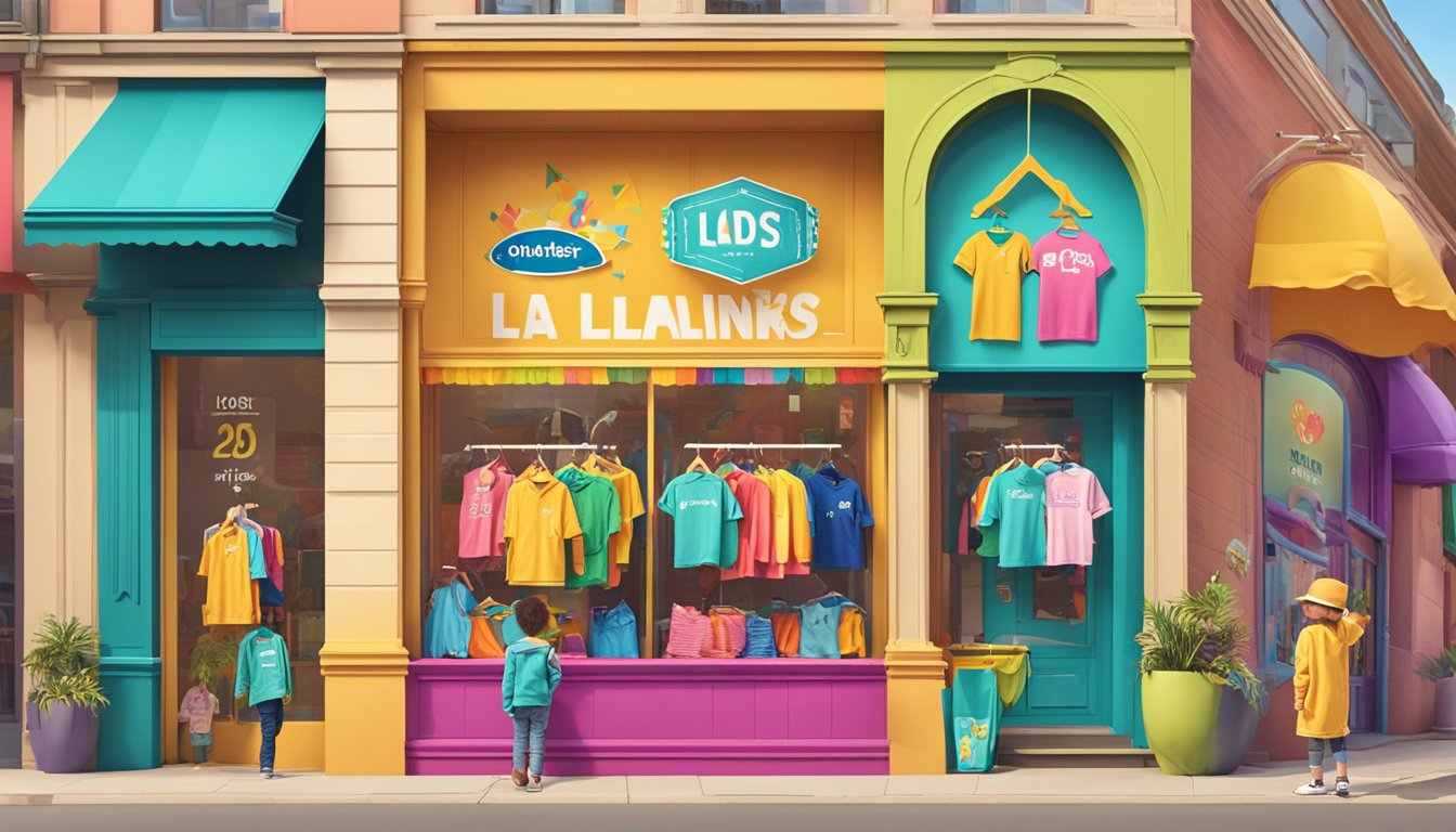 Kids' clothing brands logos displayed on a vibrant store window. Bright colors and playful designs catch the eye