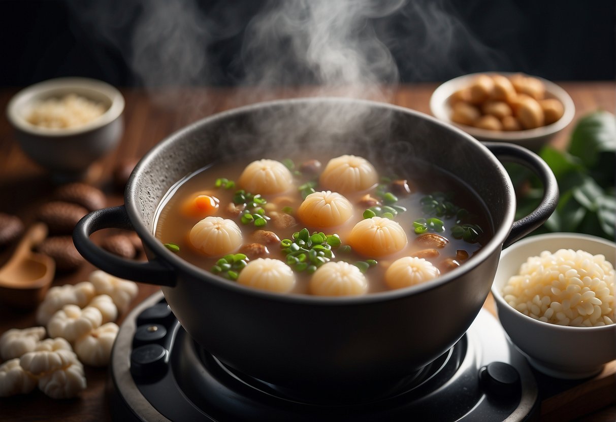 A steaming pot of sweet soup simmers on a stove, filled with red bean, lotus seed, and glutinous rice balls in a fragrant, sugary broth