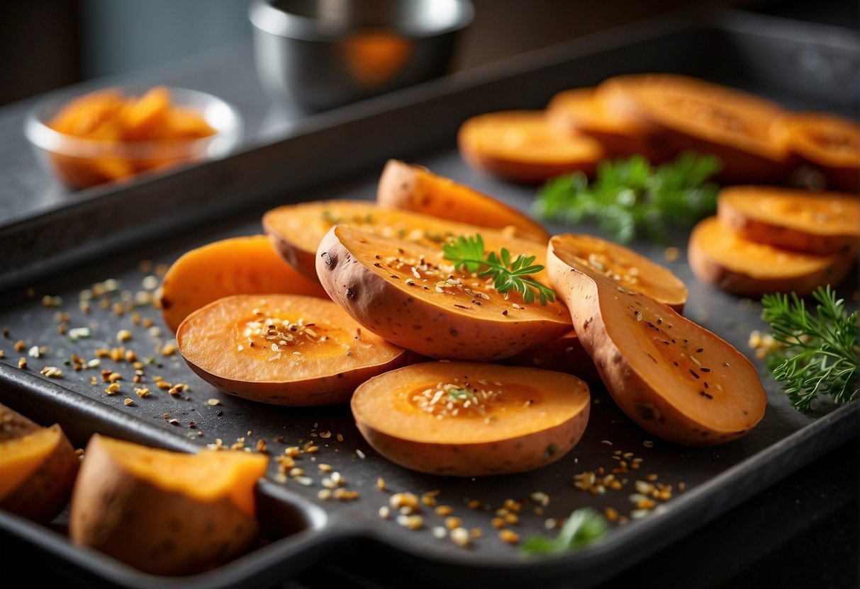 Sweet potatoes being peeled, sliced, and arranged on a baking sheet with a drizzle of oil and sprinkle of seasoning