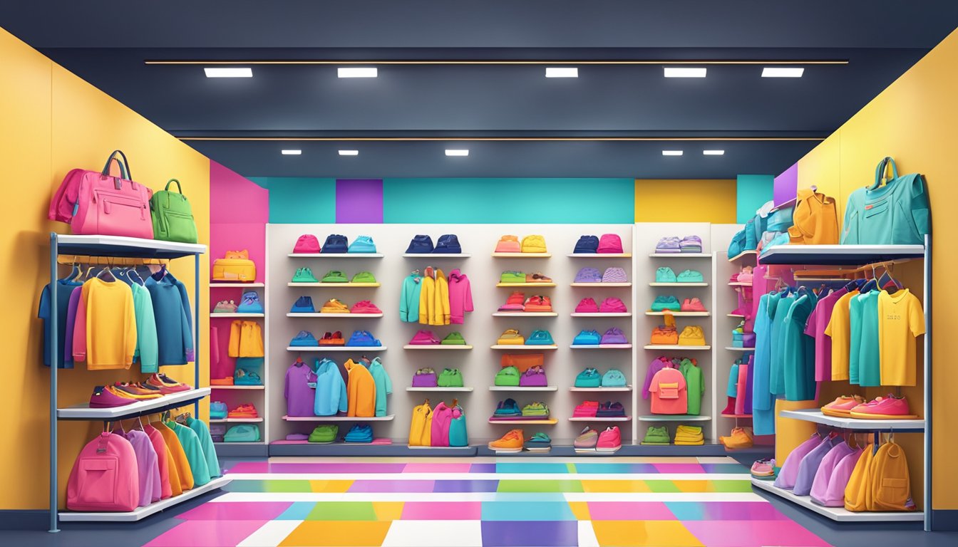 Colorful display of trendy kids clothing brands on racks and shelves in a vibrant and inviting store setting