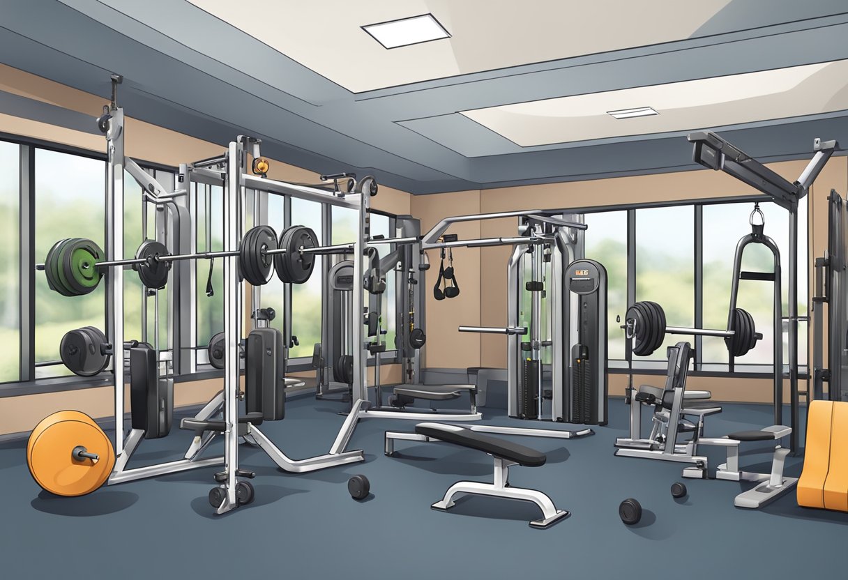 A gym with weightlifting equipment and exercise stations arranged in a 3-part workout program for men
