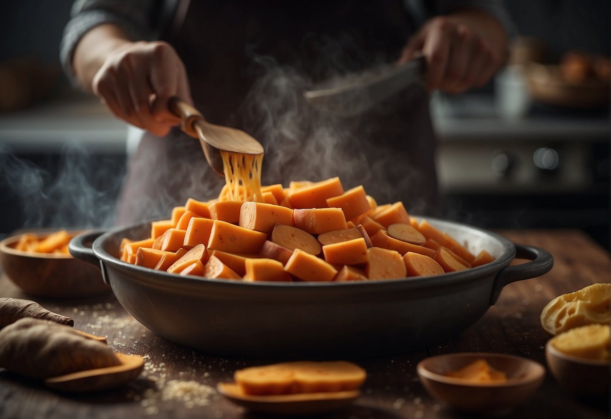 Sweet potatoes being sliced, boiled, and mashed in a pot. Ingredients like sugar, butter, and cinnamon are added. A wok is used to fry the sweet potato mixture until golden brown