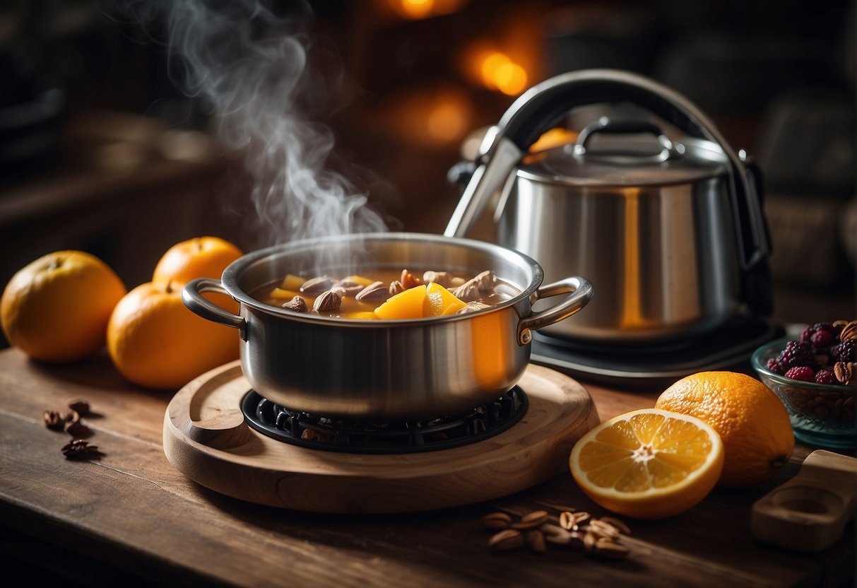 A pot of boiling water with a ladle, adding rock sugar and dried fruits, a simmering pot of sweet soup, and a strainer for removing impurities