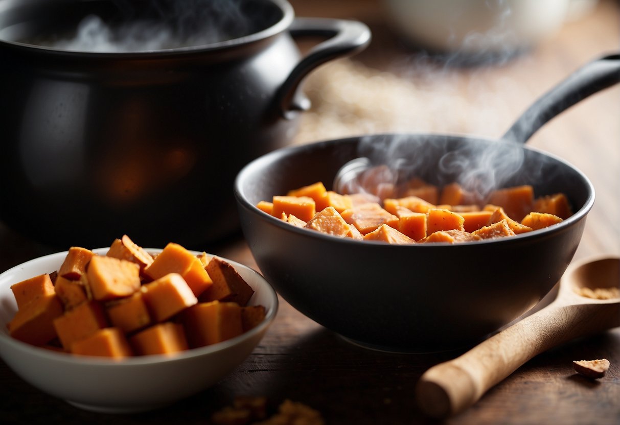 A pot of boiling water with chunks of sweet potato, ginger, and cinnamon simmering. A bowl of brown sugar and a bottle of soy sauce nearby