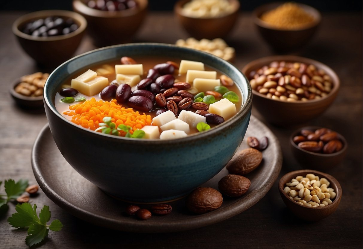 A bowl of Chinese sweet soup surrounded by ingredients like red beans, lotus seeds, and dried dates. A nutritional label with health benefits displayed nearby