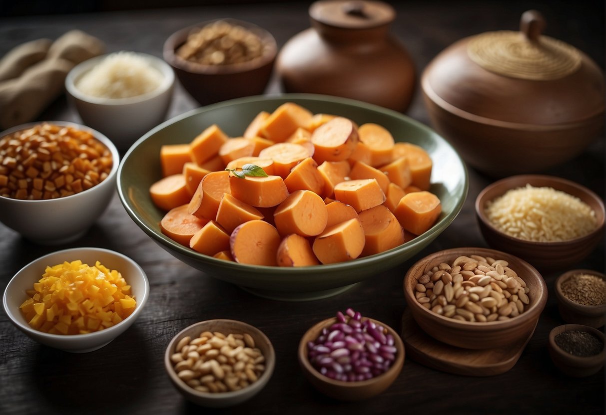 A table with ingredients and nutritional labels for Chinese sweet potato dish