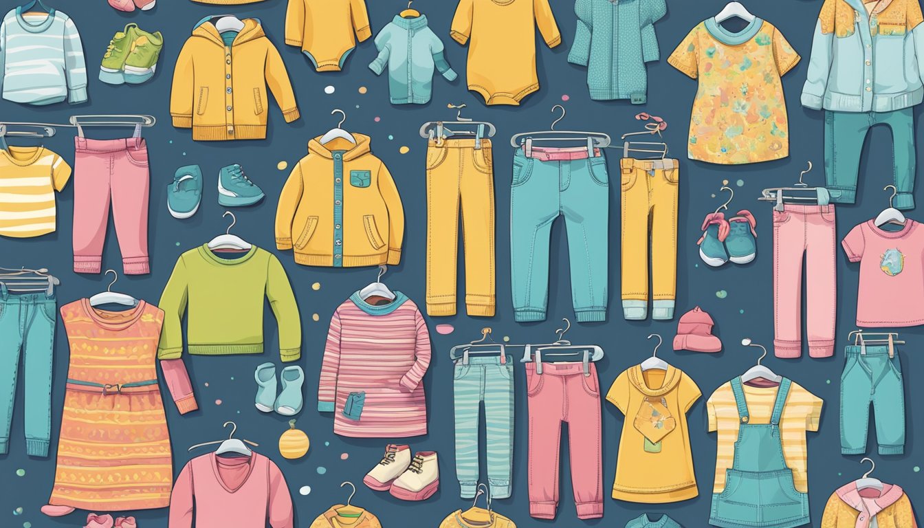 A colorful display of kids' clothing, from newborn to pre-teen, arranged in a playful and inviting manner