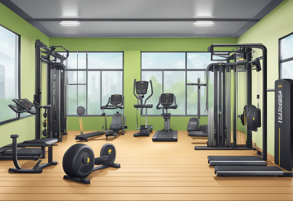 A gym with three sections for different workouts, equipment neatly arranged, and a tracking board on the wall