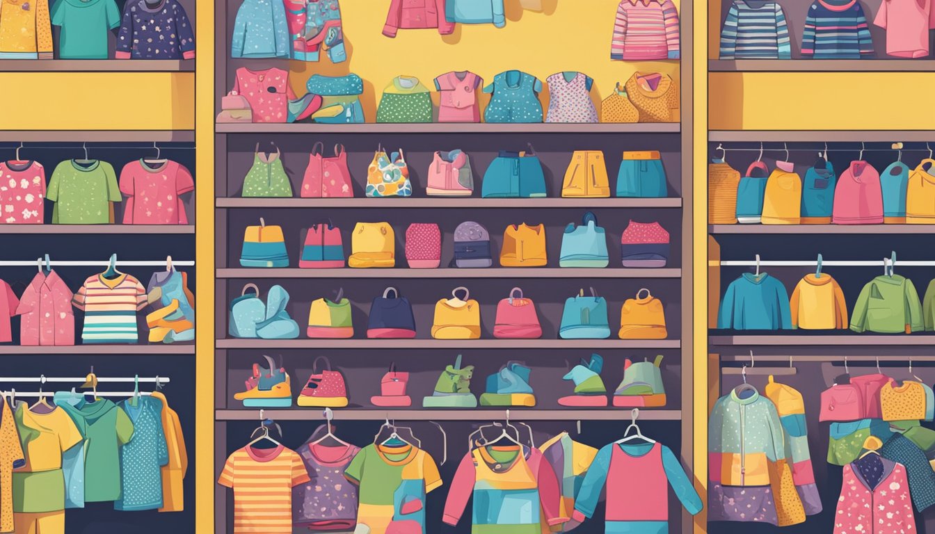 A colorful display of kids' clothing with a "Frequently Asked Questions" sign above. Bright, playful designs and patterns catch the eye