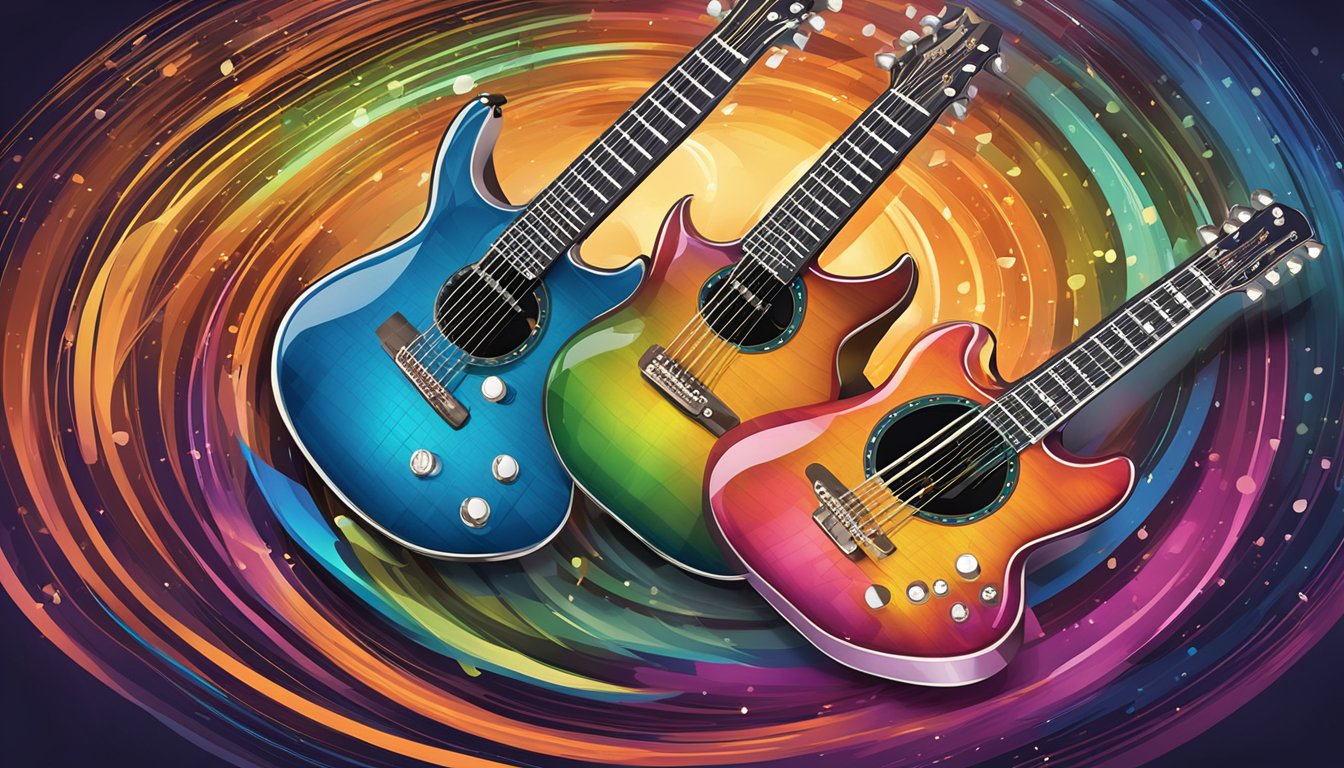 A sleek Adonis guitar brand logo shines against a backdrop of swirling musical notes and vibrant colors
