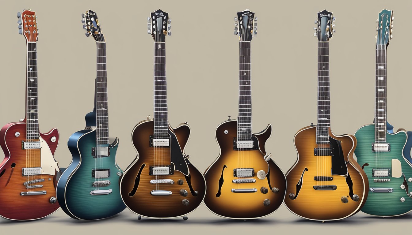 A display of vintage Adonis Guitars, showcasing the evolution of the brand's iconic designs and craftsmanship through the years