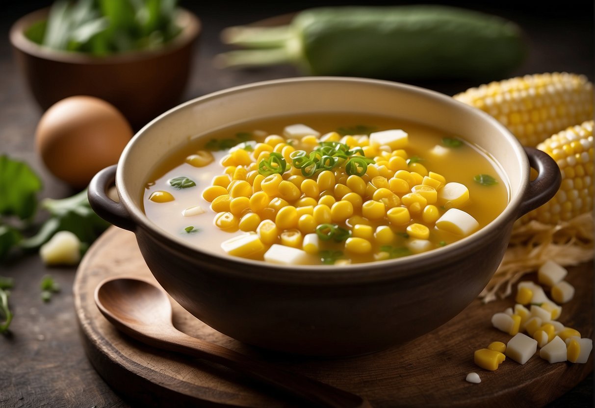 A pot of boiling sweetcorn soup with floating corn kernels, eggs, and green onions, surrounded by ingredients like chicken broth, salt, and sugar