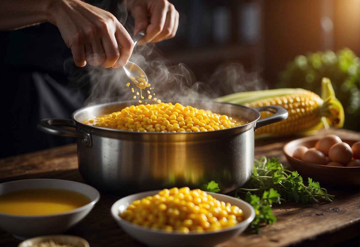 A pot of boiling water with sweetcorn, chicken broth, and seasonings. A chef stirring the ingredients with a ladle