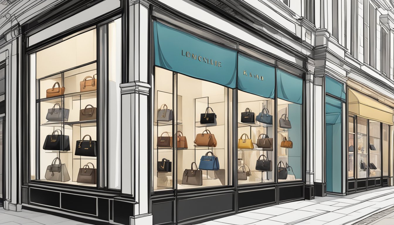 A row of iconic London handbag brands displayed in a chic boutique window