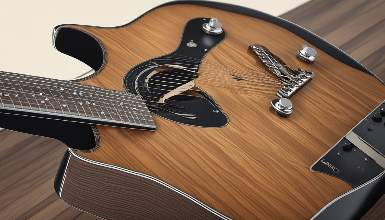 A hand reaches out to buy an Adonis guitar from a display. The guitar is sleek and modern, with a bold logo and rich wood finish