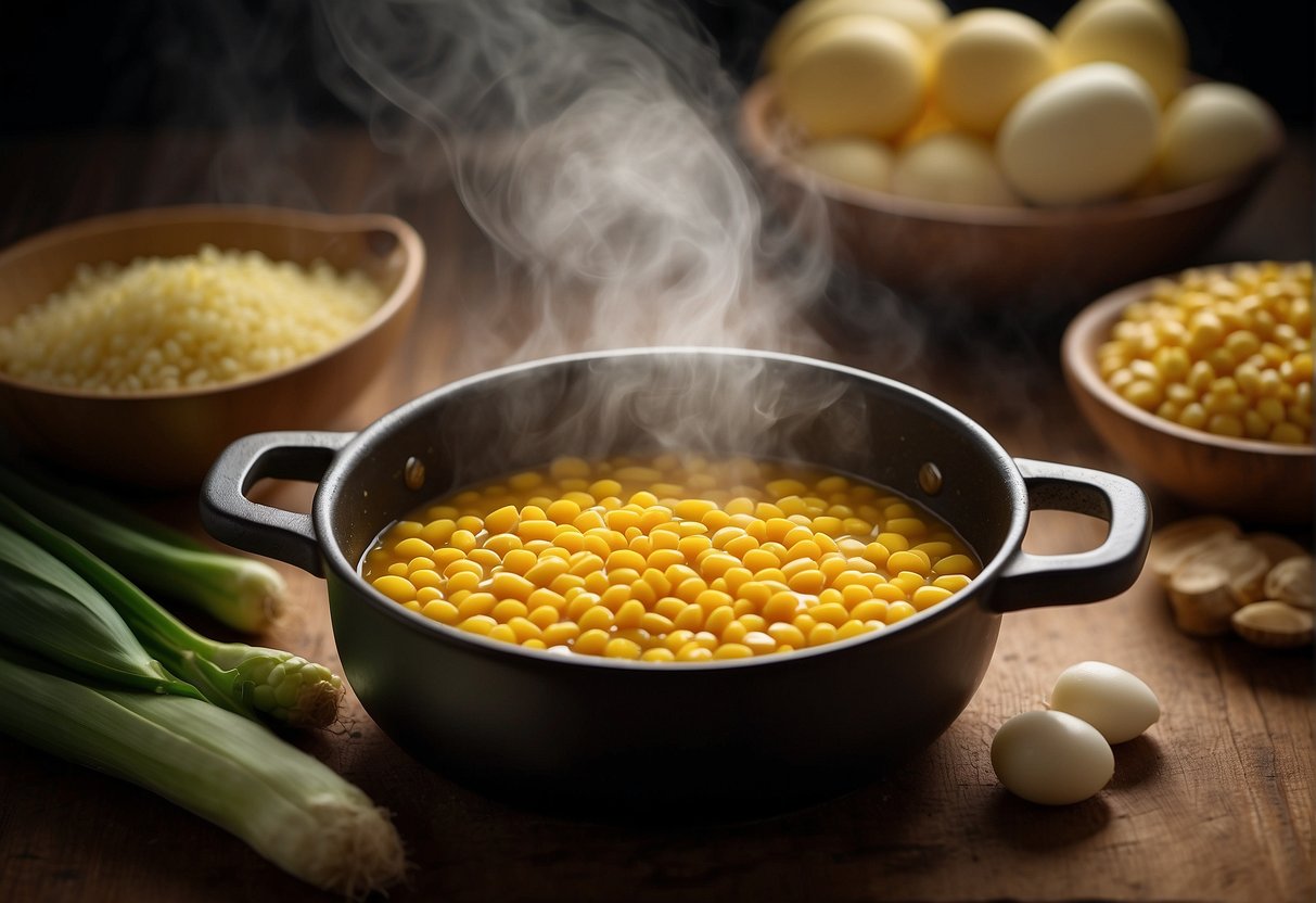 A pot simmering with sweetcorn, chicken broth, and ginger. Bowls of eggs, cornstarch, and white pepper nearby. Soy sauce and scallions on the counter