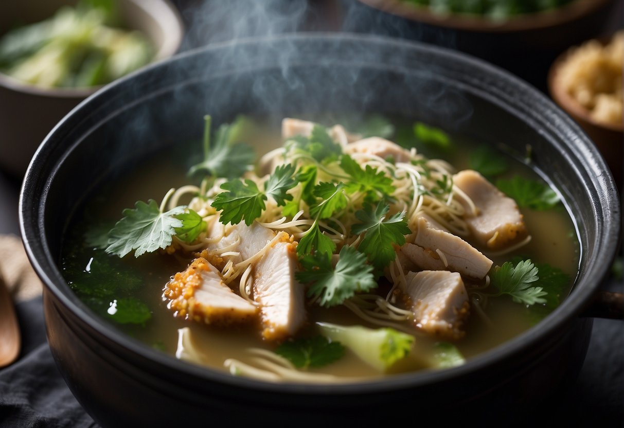 Bitter gourd, chicken, and herbs simmer in a steaming pot of fragrant Chinese soup